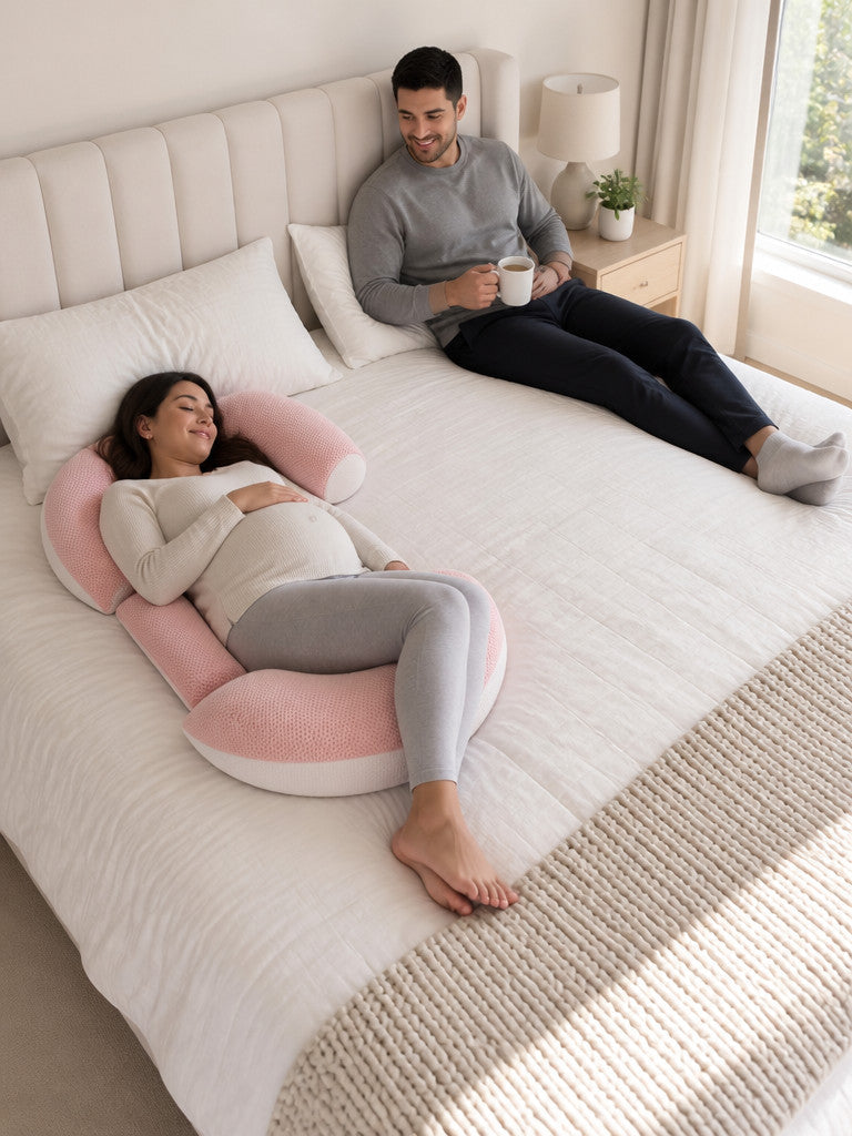 Expecting mother resting on a maternity pillow on one half of a shared bed while her partner keeps his own side