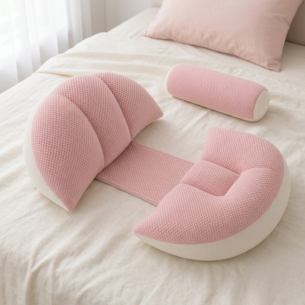 Relvay winged maternity pillow set laid out on a bed: belly wedge, back wedge, connecting strap and support roll