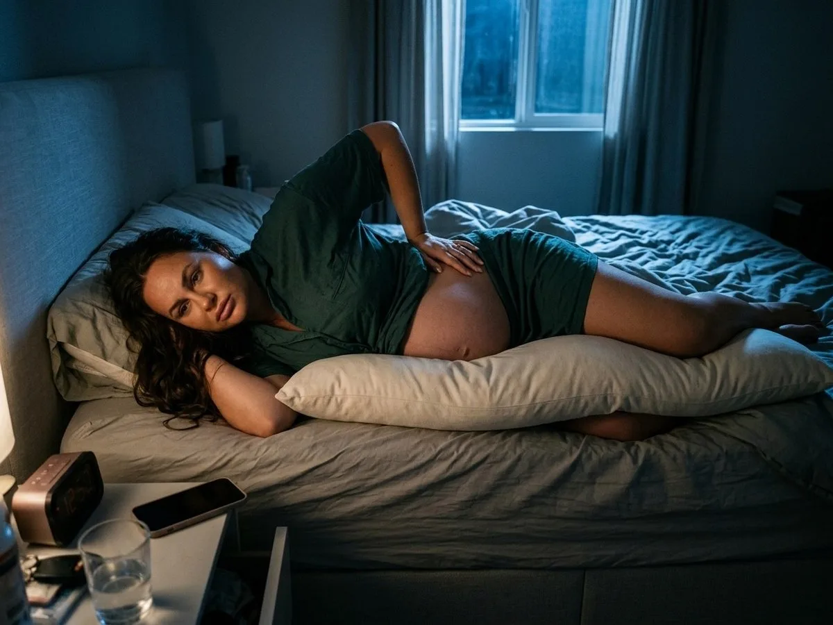 Pregnant woman lying awake on her side at night with a long body pillow between her knees, her bump hanging unsupported off the front of it
