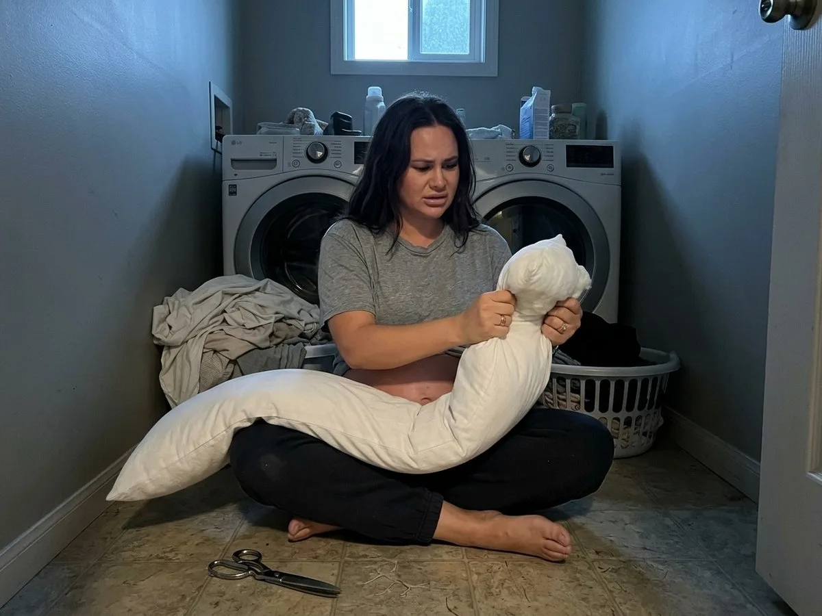Pregnant woman sitting on a laundry room floor with a lumpy long body pillow across her lap and a pair of scissors beside her