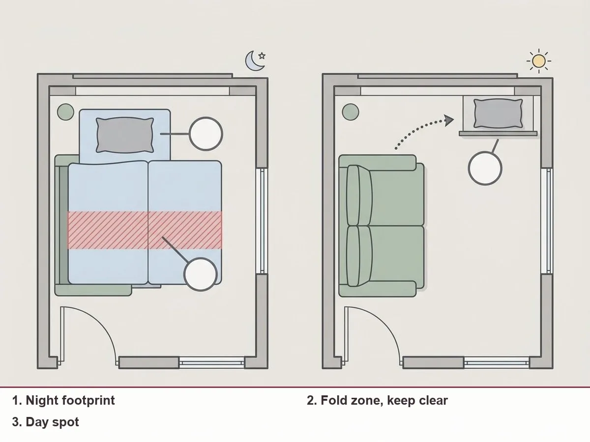 Two-panel illustration of the same small room: at night an open sofa bed with a pillow on one half and the folding zone shaded; by day the closed couch with the pillow on a shelf