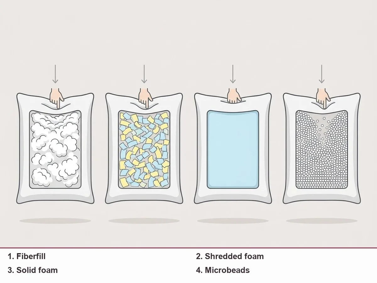 Cutaway illustration of four pillow fillings: loose fiber, shredded foam pieces, a solid foam block and tiny beads
