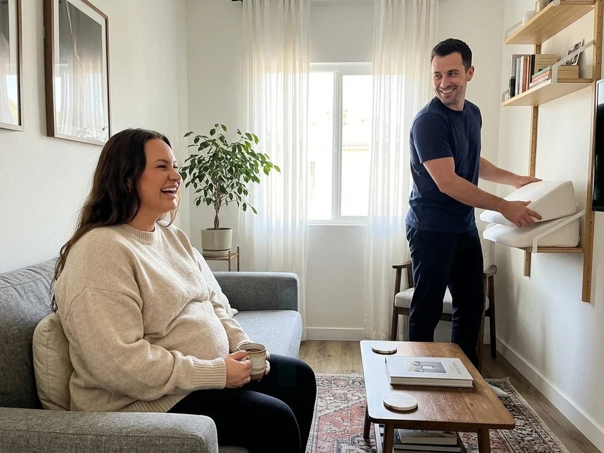 Sunny morning in a small living room, the sofa folded into a couch, a pregnant woman laughing with coffee while her partner sets two small cushions on a shelf