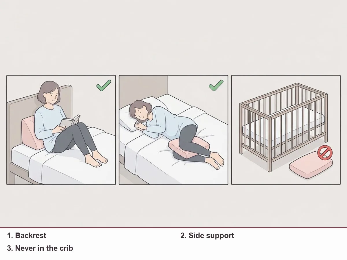 Illustration of a woman after birth using pregnancy pillow pieces as a backrest in bed and between her knees, with a separate empty crib marked as off limits