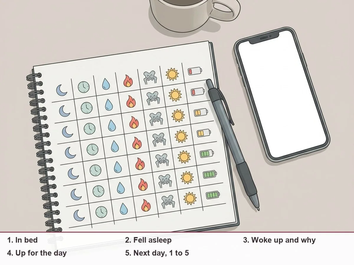 Illustration of a simple one-week sleep diary on a notebook page beside a phone, with icons for bedtime, wake-ups and next-day energy