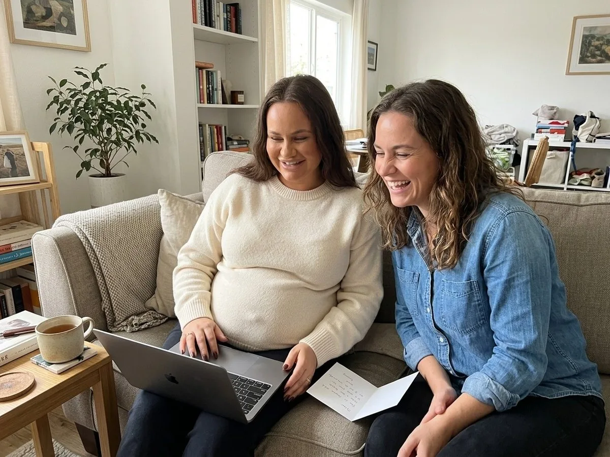 Two sisters laughing on a couch in daylight, one pregnant, looking at a laptop together with a handwritten card on the cushion
