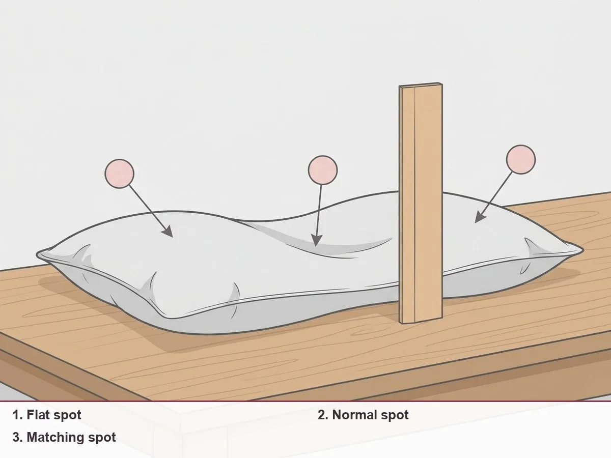 Illustration of a pillow insert lying flat on a table with a ruler standing at three marked spots to measure height