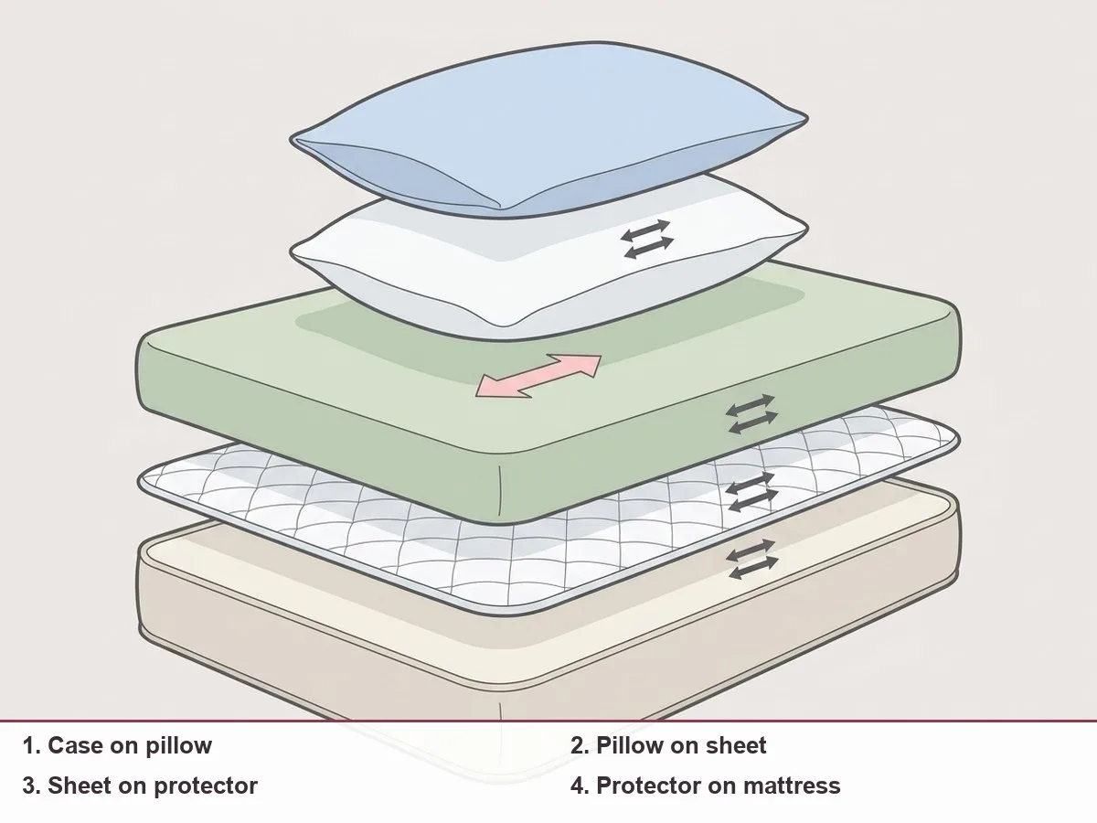 Exploded side-view illustration of bedding layers: pillowcase, pillow, sheet, protector and mattress, with arrows marking where slipping happens