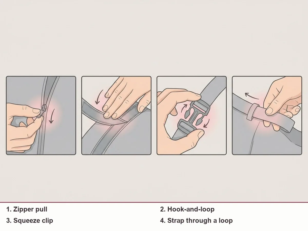 Illustration of a hand testing four pillow fasteners: a zipper pull, a hook-and-loop strip, a squeeze clip and a strap through a loop