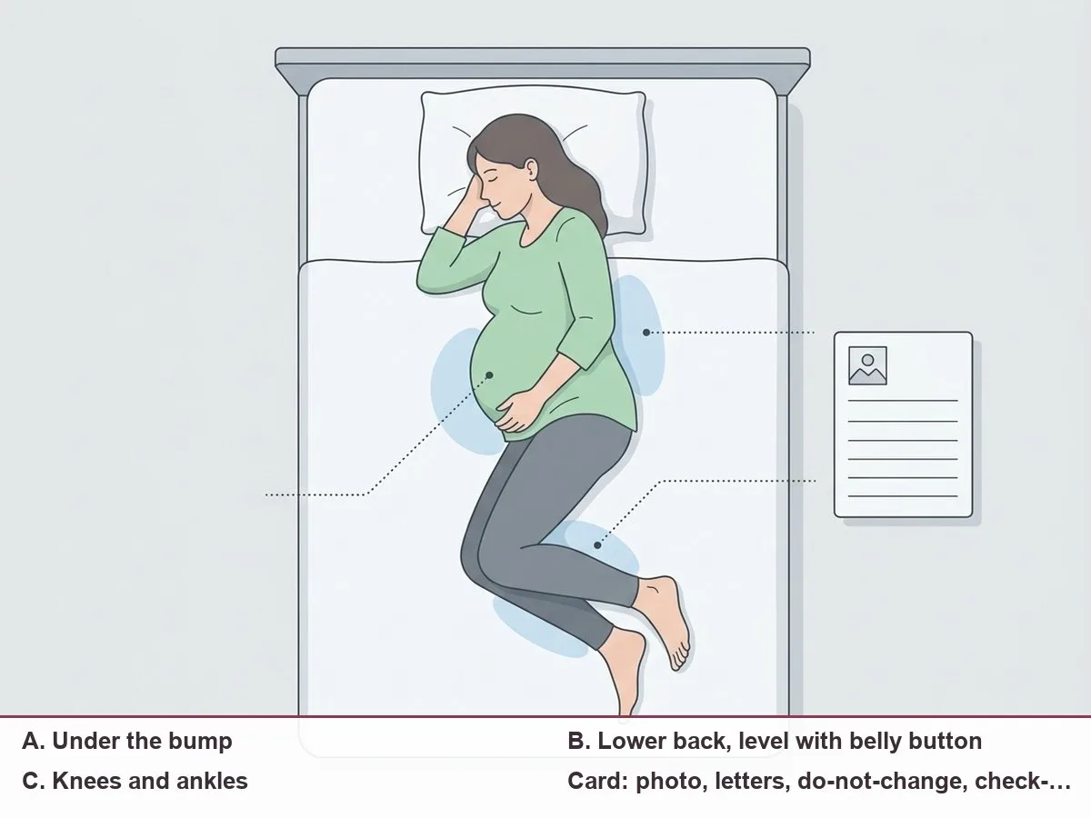 Illustration of a bed seen from above with a side-lying pregnant woman and lettered support zones measured from fixed points, next to a simple card