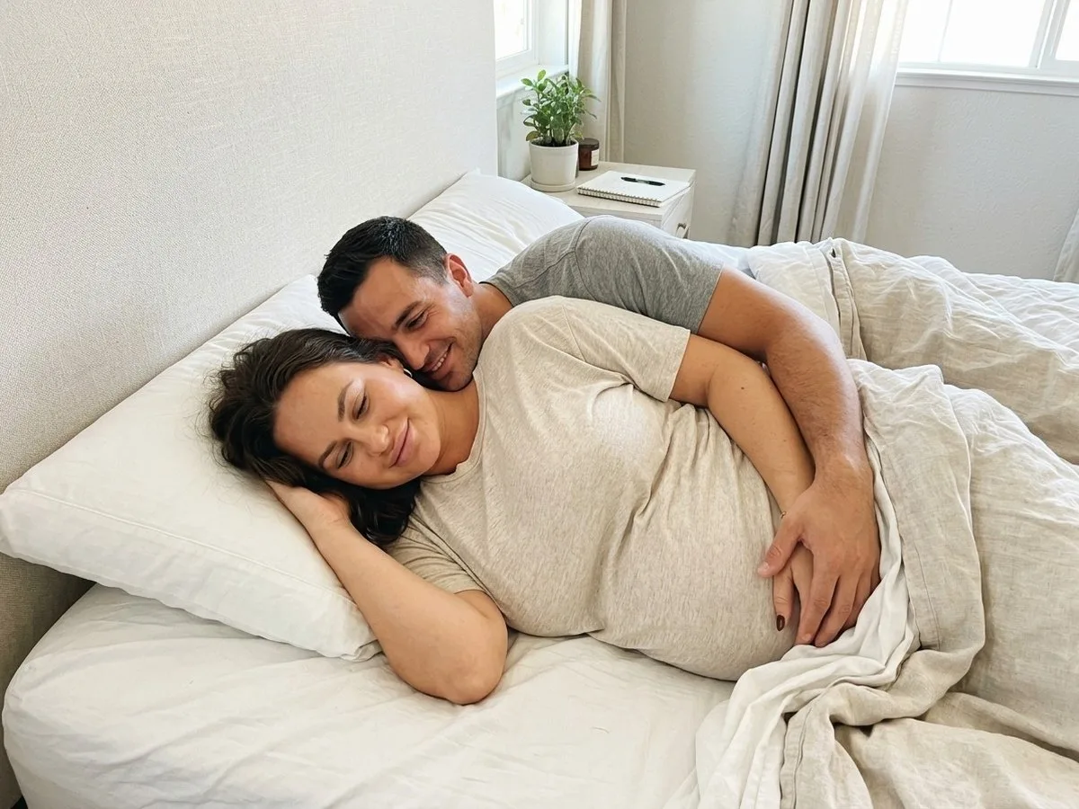 Sunny morning, pregnant woman asleep on her side in a queen bed while her partner lies behind her with his arm around her, each under their own blanket