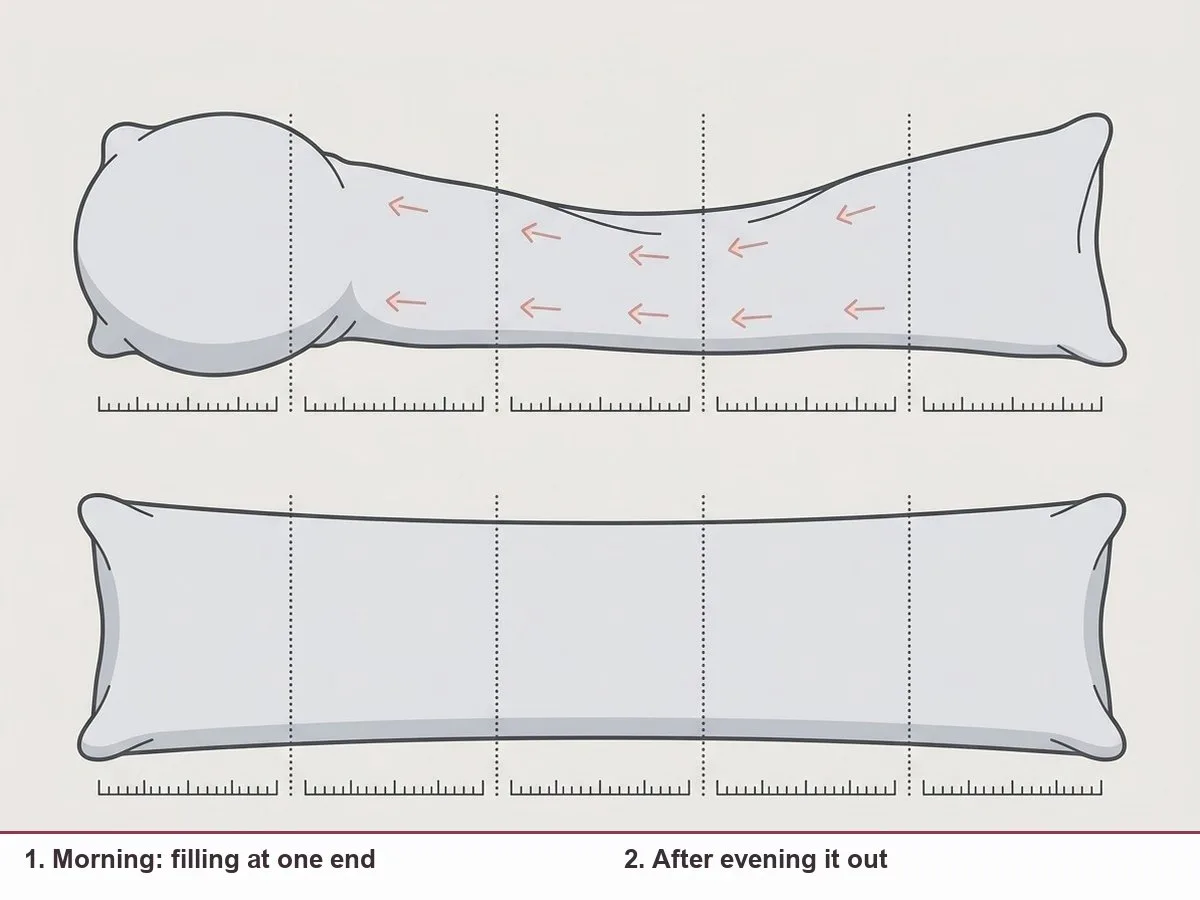 Illustration of a long body pillow divided into five zones, with filling bunched at one end in the top drawing and evened out in the bottom drawing