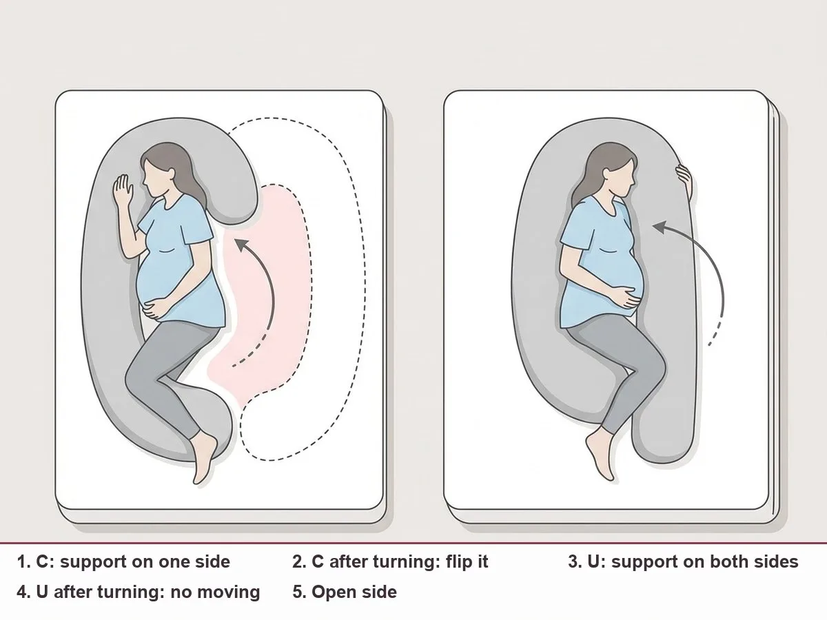Two top-down illustrations: a pregnant woman in a C-shaped pillow with one open side, and in a U-shaped pillow with support on both sides, curved arrows showing what happens when she switches sides