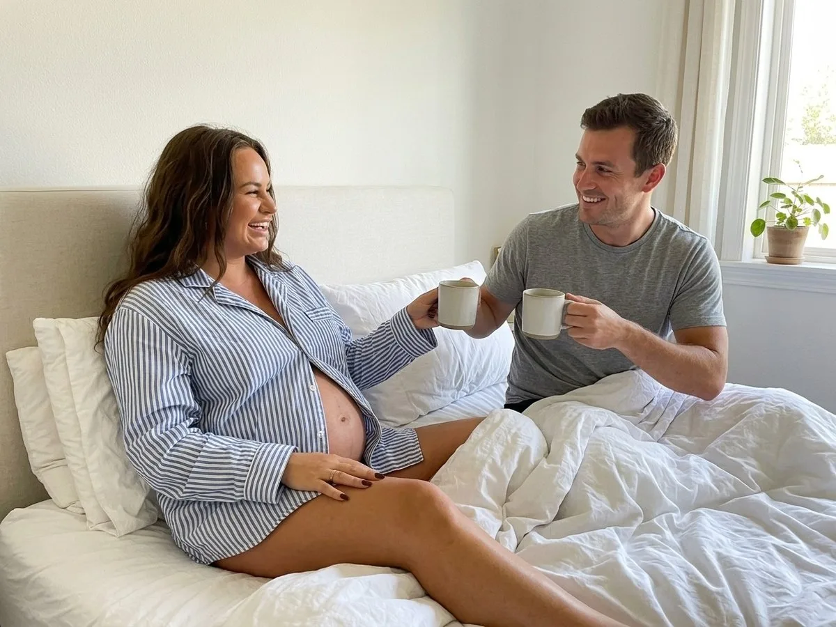 Sunny morning, smiling pregnant woman sitting up in bed while her partner sits beside her holding two mugs