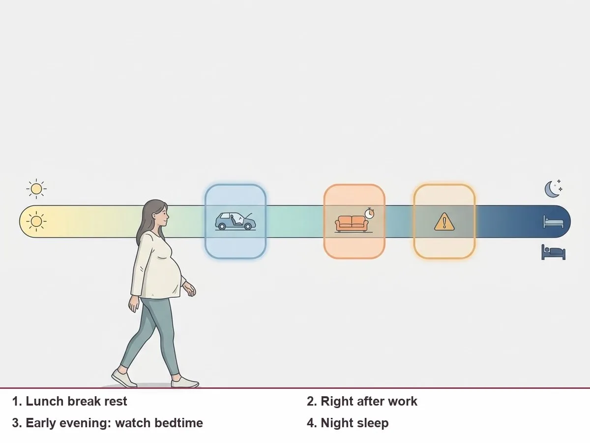 Illustration of a weekday timeline from morning to night with three highlighted rest windows: lunch break, straight after work, and early evening, the last one marked as risky for bedtime