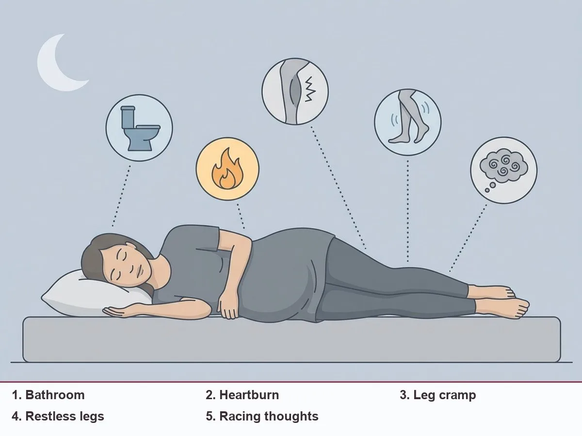 Illustration of a pregnant woman asleep on her side, surrounded by five small symbols for common reasons to wake: bathroom, heartburn, leg cramp, restless legs and racing thoughts