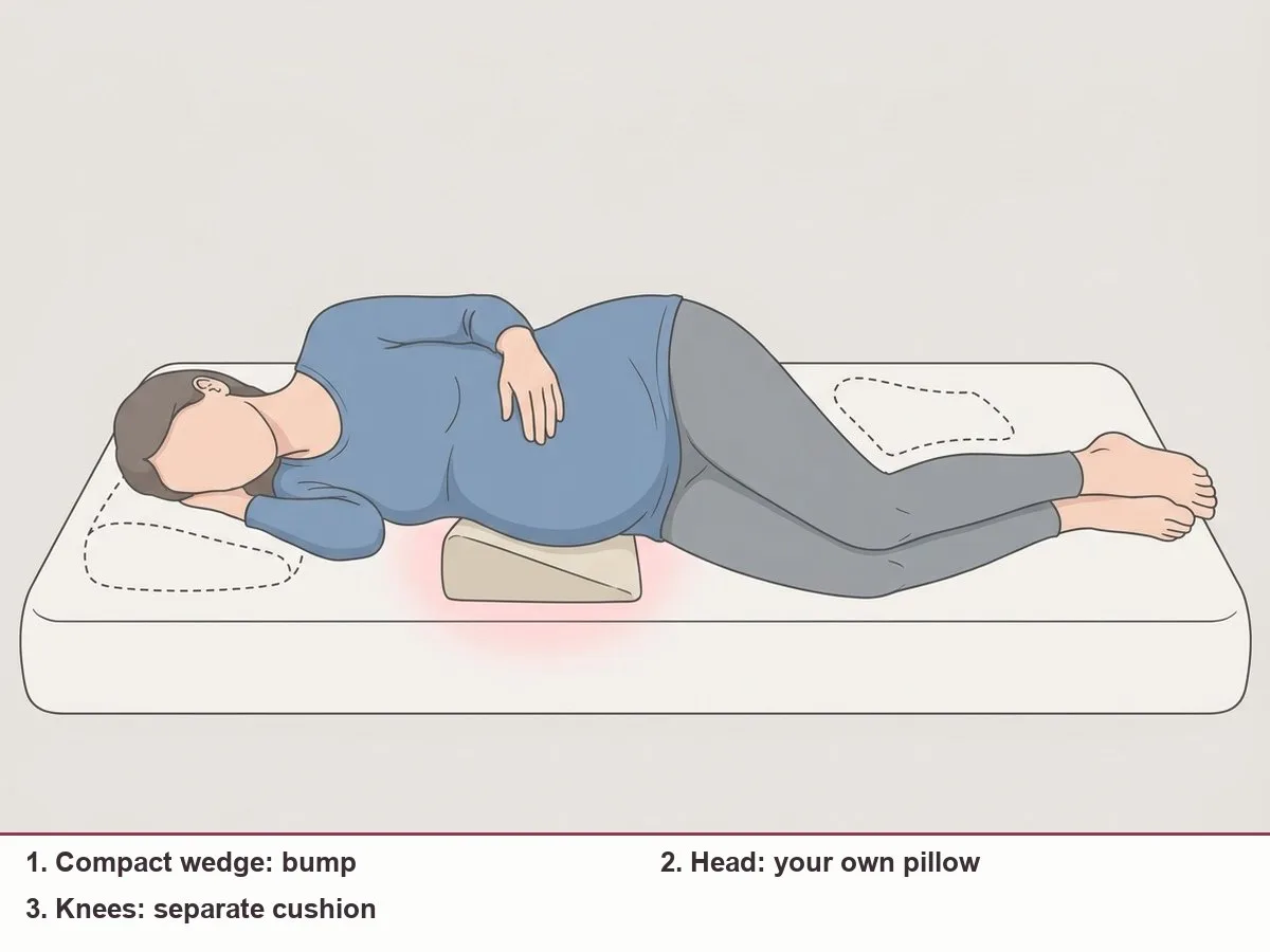 Side-view illustration of a pregnant woman on her side with one compact wedge at her middle highlighted, and dashed outlines at her head and knees for the pillows she still adds