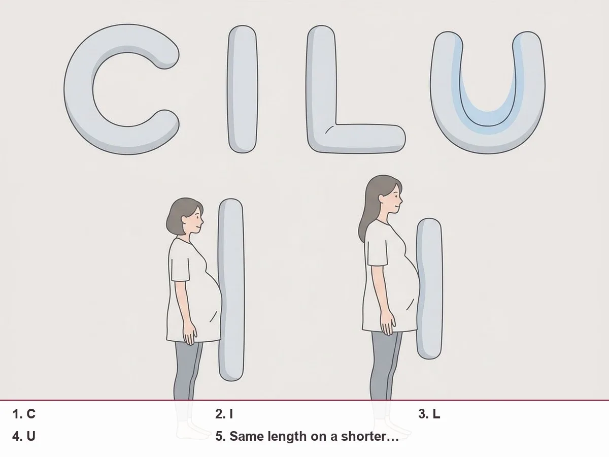 Illustration of one long slim pillow shown four ways, as C, I, L and U shapes, next to a short and a tall pregnant woman silhouette for scale