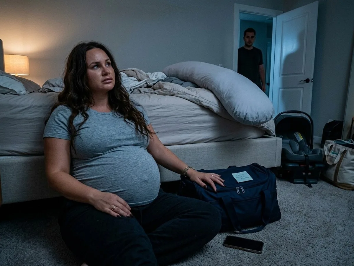 Heavily pregnant woman sitting on a bedroom floor at night beside a zipped hospital bag, looking at a long pregnancy pillow on the bed