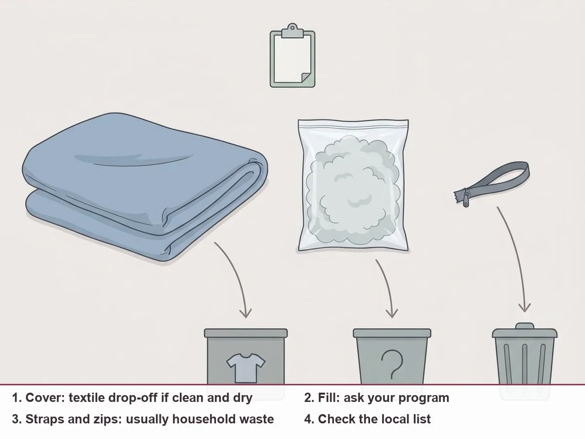 Illustration of a pregnancy pillow taken apart into cover, fill, and strap and zip, each with an arrow to a different labeled bin