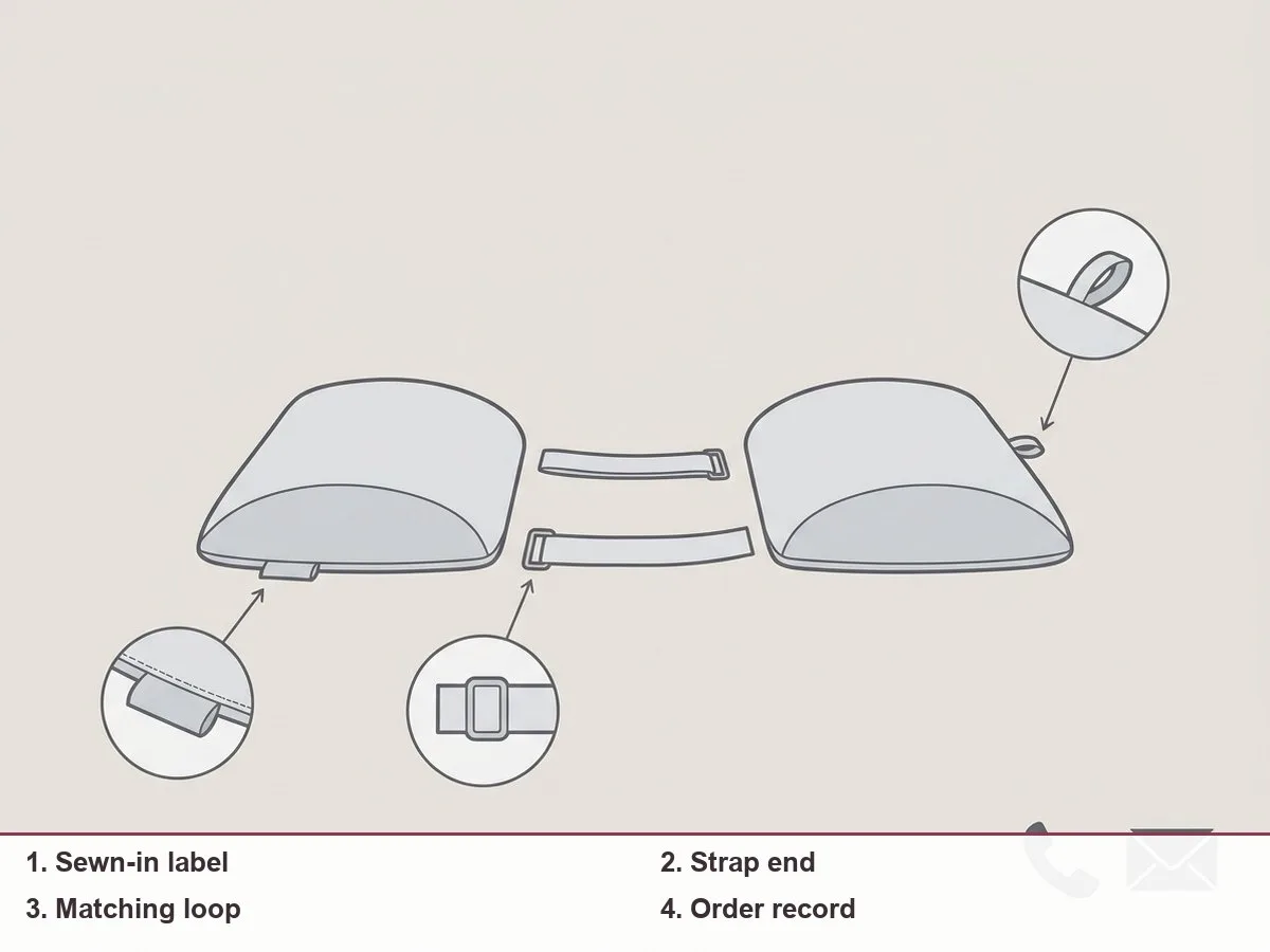 Illustration of three pillow pieces laid flat with arrows pointing to a sewn-in label, a strap end and a buckle, beside a phone and an order email icon