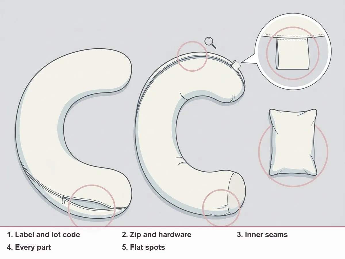 Flat-lay illustration of a pregnancy pillow taken apart: cover, inner pillow, small cushion, sewn-in label and zip, each circled