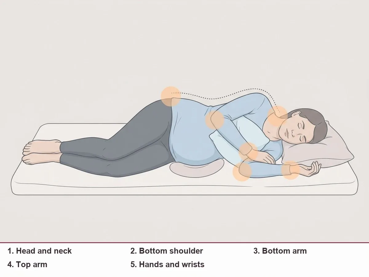 Illustration of a side-lying pregnant woman with five numbered contact points: head and neck, bottom shoulder, bottom arm, top arm and wrists