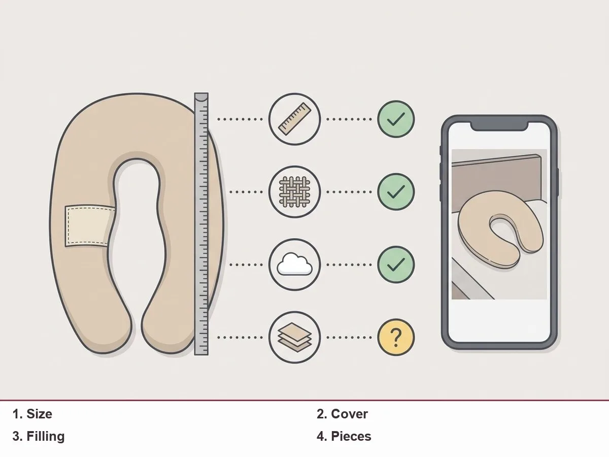 Illustration of an old pregnancy pillow and a new listing side by side, with matching check marks on size, cover, filling and pieces