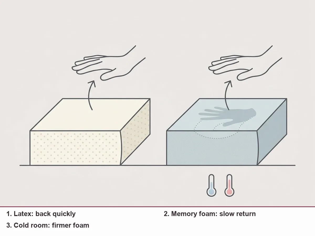 Diagram of two foam blocks after a hand presses and lifts: the latex block is level again, the memory foam block still shows a slow-filling dent, with a cold and a warm thermometer icon