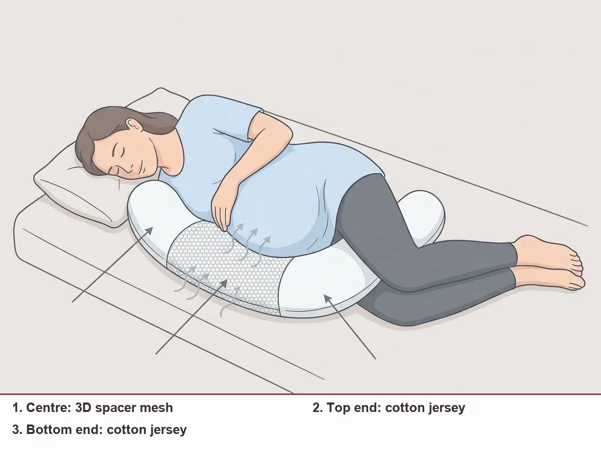 Diagram of a side-lying pregnant woman with a curved pillow whose centre panel is open mesh against her bump and whose two curved ends are plain fabric