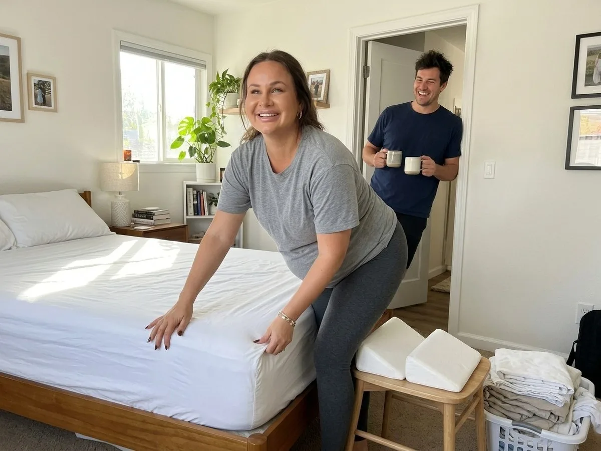 Pregnant woman smiling in a sunny bedroom, tucking in a fresh sheet on her own, two small wedge cushions resting on a chair beside the bed