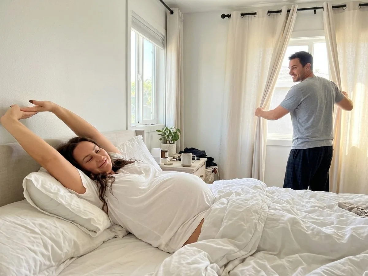 Sunny morning, relaxed pregnant woman stretching in bed and smiling while her partner opens the curtains