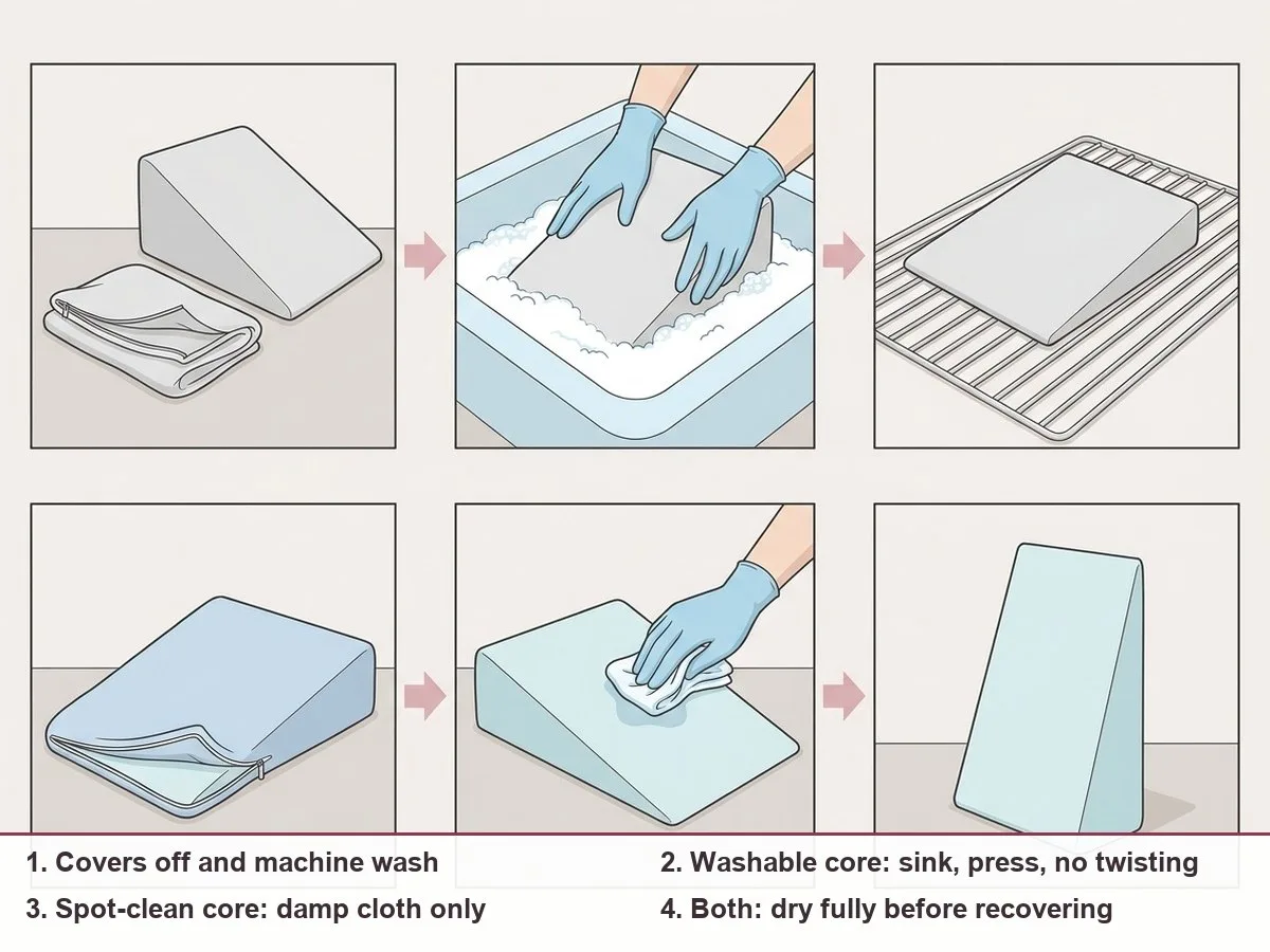 Illustration comparing cleaning steps: one foam wedge being gently pressed in a sink of soapy water and laid flat to air dry, another foam wedge being dabbed with a damp cloth, both with their covers 