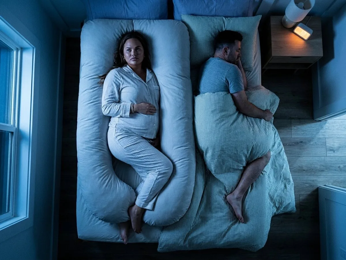 Night, top view of a queen bed: a big U-shaped pregnancy pillow fills one half, the partner squeezed onto the edge