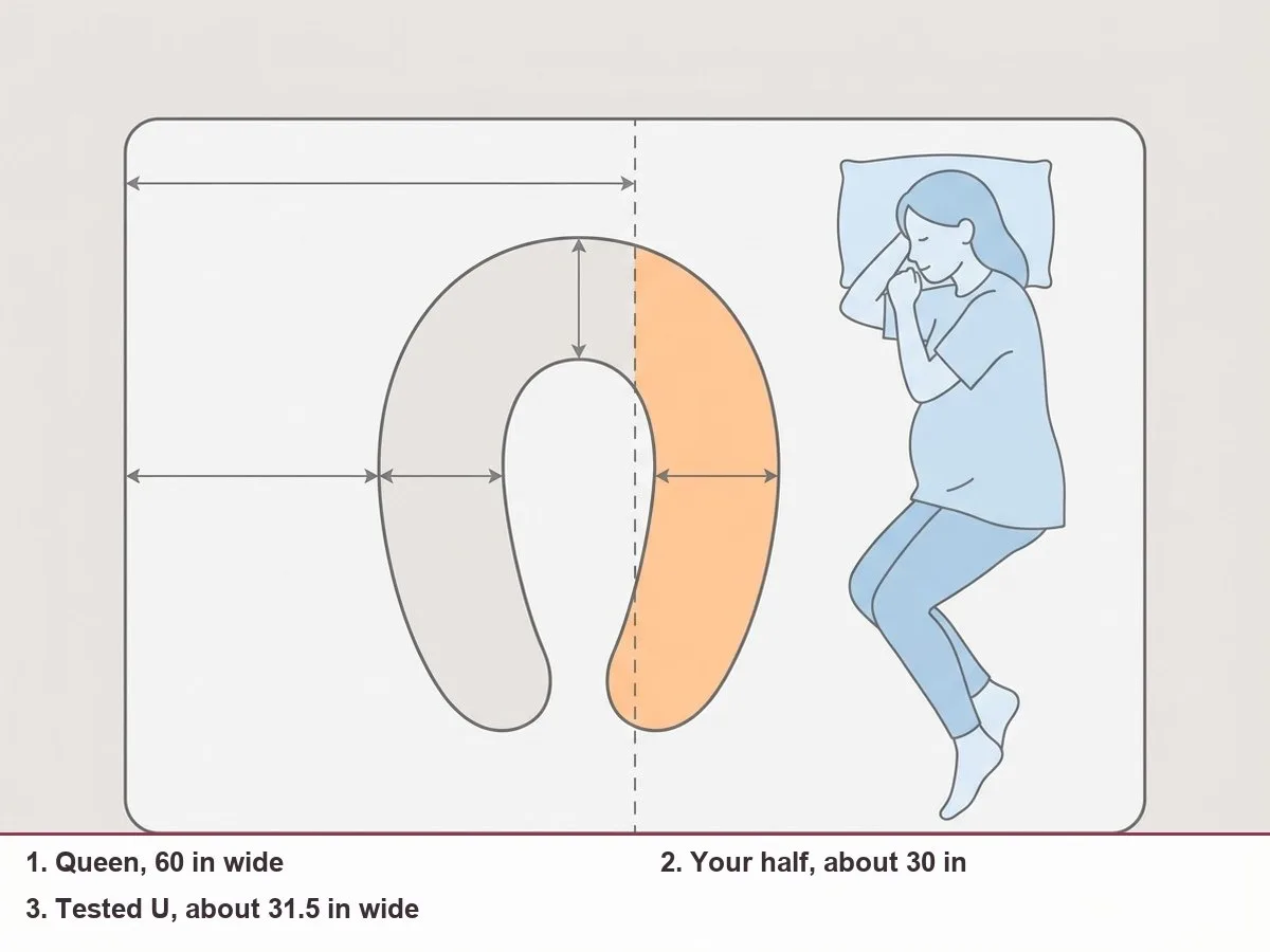 Top-down diagram of a queen mattress split into two halves, with a U-shaped pillow outline slightly wider than one half