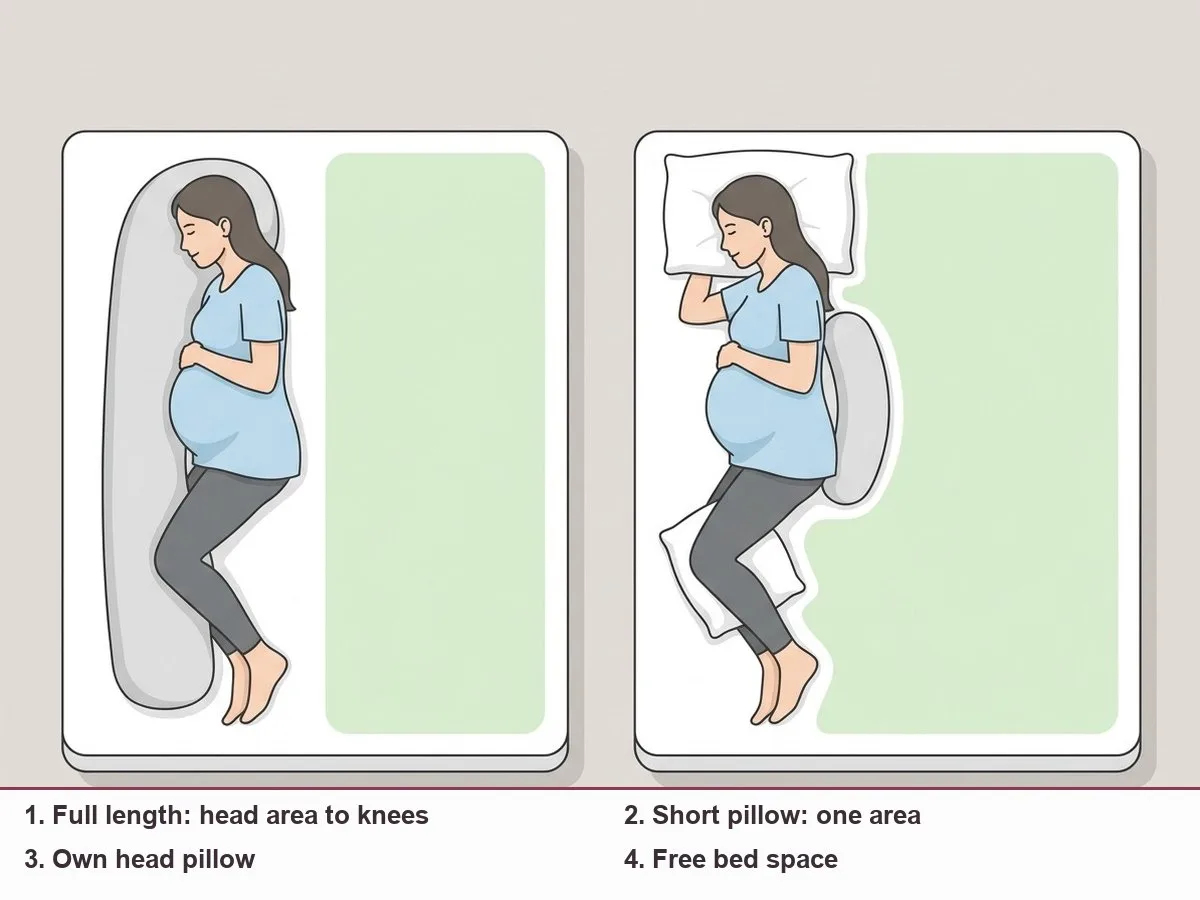 Top-down illustration of two identical queen mattresses: on one, a long contoured pillow runs from a pregnant woman's head to her knees and fills her half; on the other, a short curved pillow sits onl
