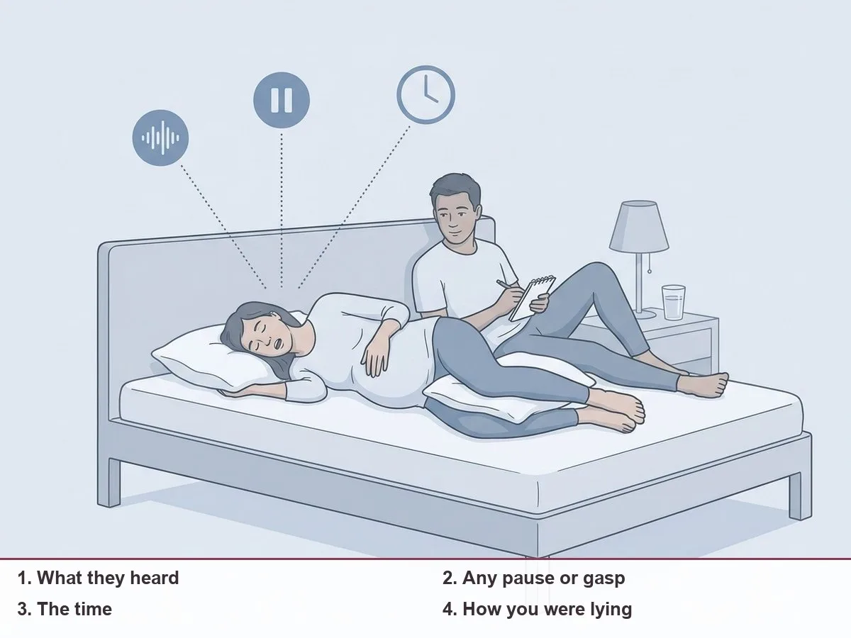 Illustration of a pregnant woman asleep on her side while her partner sits up beside her writing short notes, with small icons for sound, a pause and the time