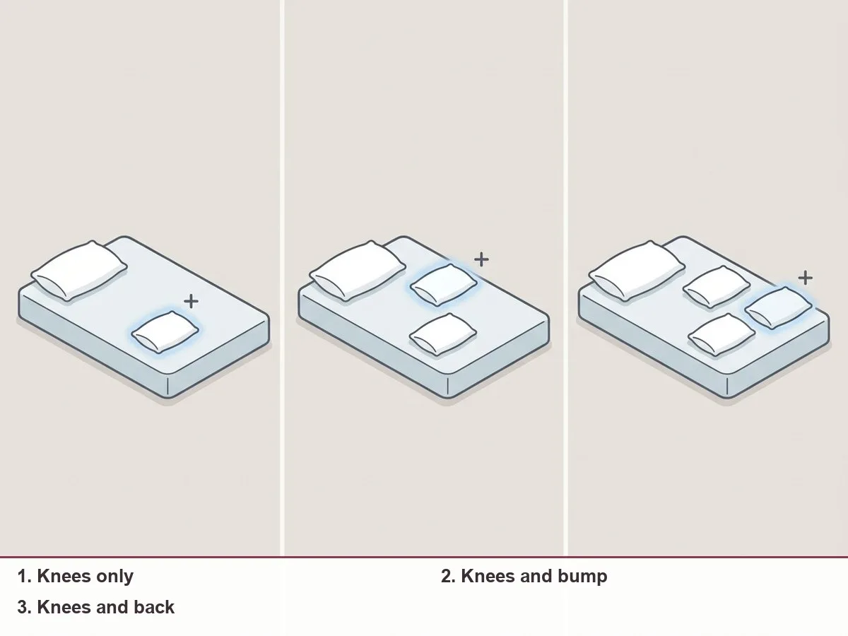 Illustration of three side-lying pregnant figures: a pillow between the knees only, knees plus under the bump, knees plus behind the back