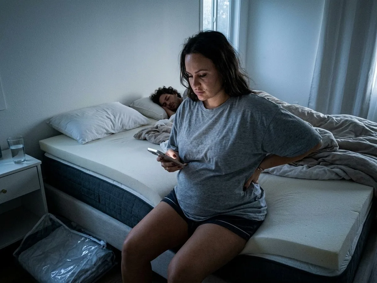 Pregnant woman sitting on the edge of a bed with a thick new foam topper early in the morning, rubbing her lower back, a phone shopping page in her hand