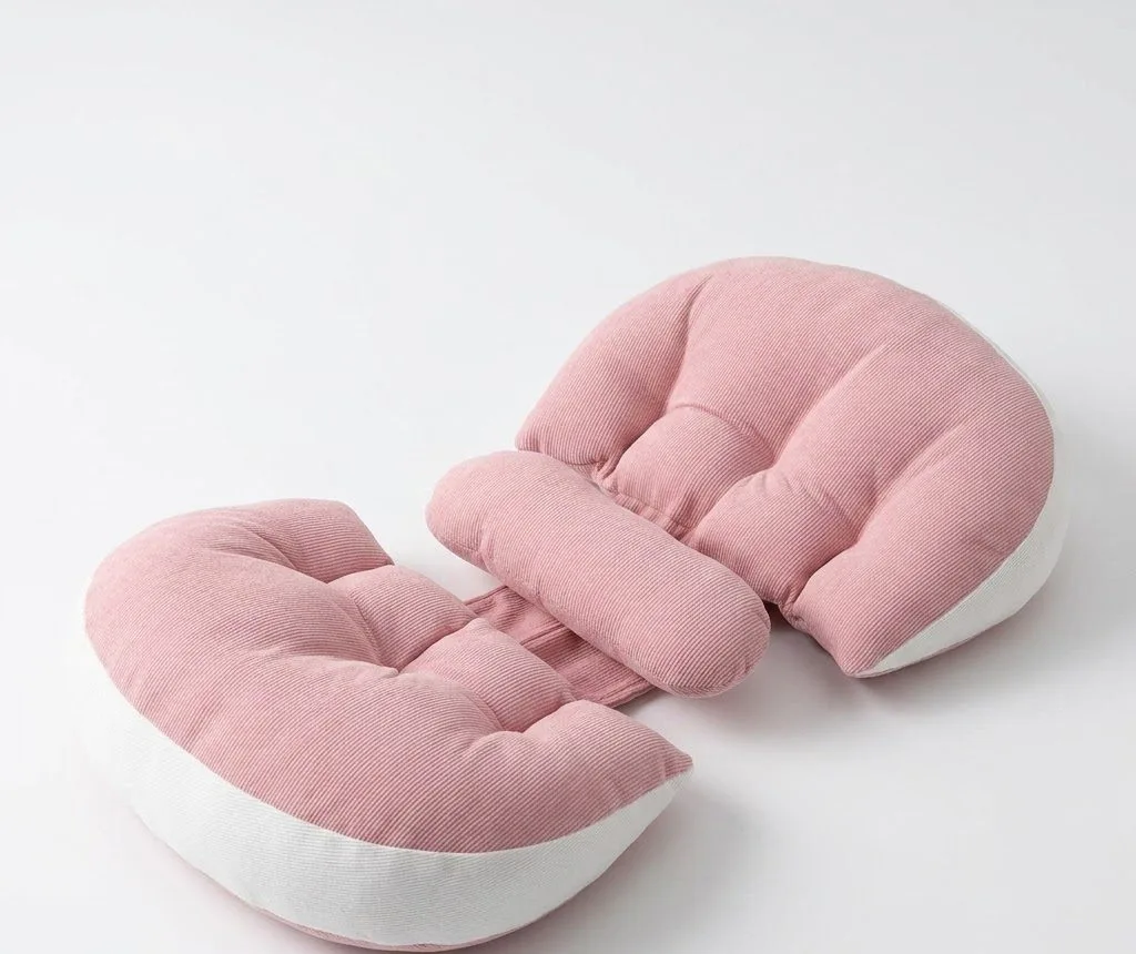 Relvay 3-Piece pregnancy pillow: two pink ribbed wedges joined by a flat strap, with a small oval cushion
