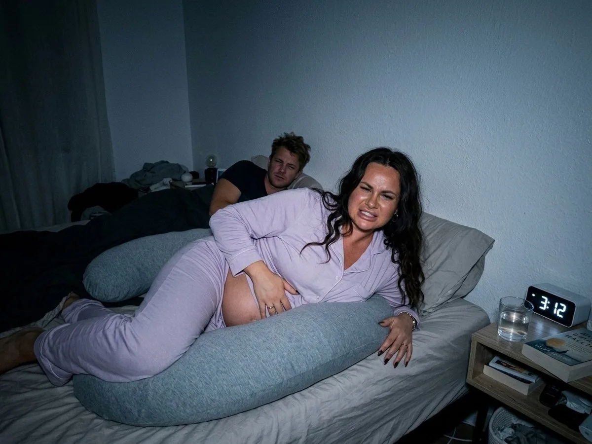 Pregnant woman wide awake at night, frozen mid-turn on a large bead-filled pillow, her partner lifting his head from the pillow