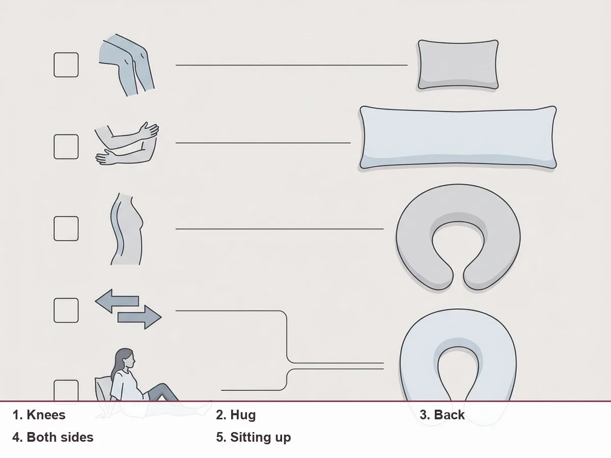Diagram matching five sleep support jobs, knees, hug, back, both sides and sitting up, to a knee pillow, straight body pillow, C pillow and U pillow