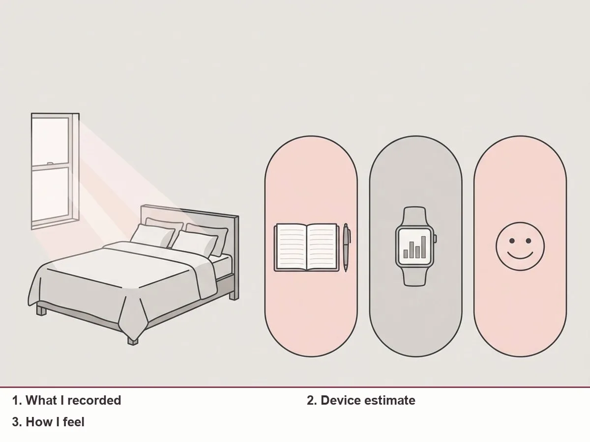 Illustration of a pregnant woman in the morning with three columns beside her: her own notebook, a watch screen with a bar chart, and a simple mood face