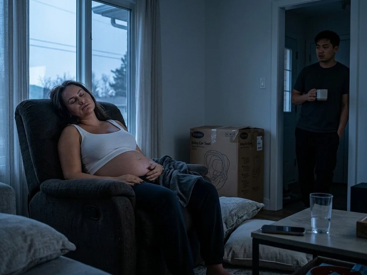 Early morning, pregnant woman asleep sitting up in a living room recliner under a blanket while her partner finds her there