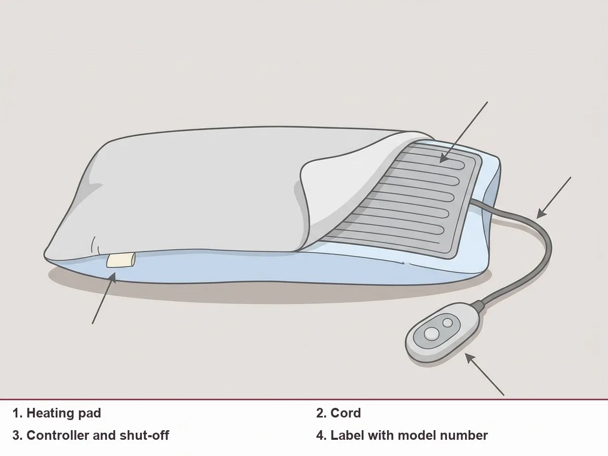 Cutaway illustration of a long side pillow with a flat heating pad inside, a cord, a hand controller and a small sewn-in label tag