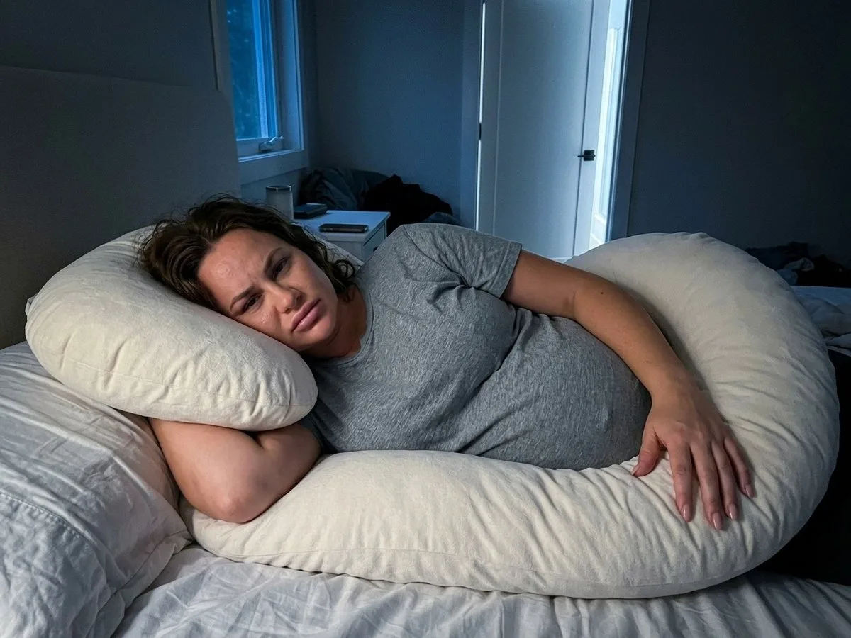 Pregnant woman asleep on her side at night inside a C pillow, her bottom arm pinned under the pillow's head section and her neck tipped up