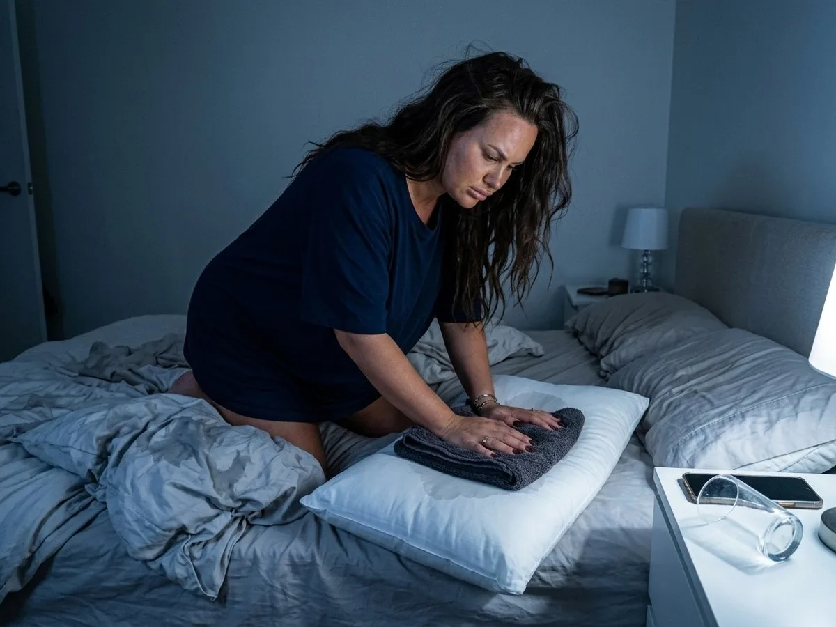 Pregnant woman kneeling on the bed at night pressing a towel onto a dark wet patch on a bare pillow insert, a tipped glass beside it