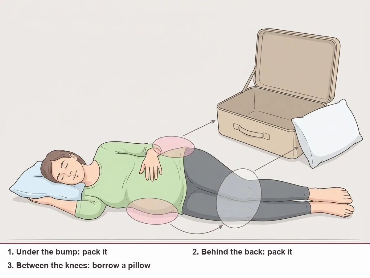 Illustration of an open suitcase beside a side-lying pregnant figure with three support zones: under the bump and behind the back marked to pack, between the knees marked to borrow