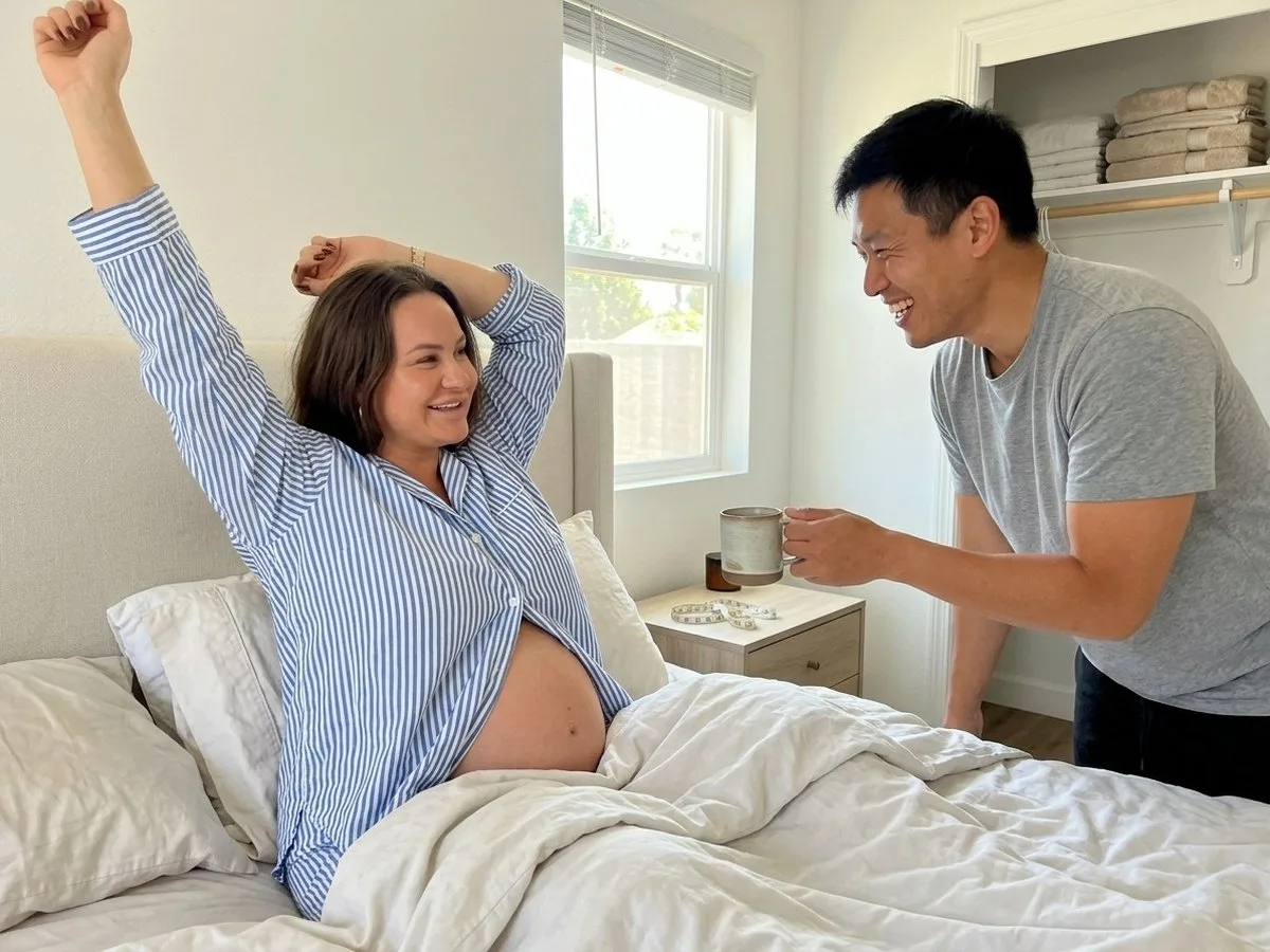 Sunny morning, petite pregnant woman stretching and smiling in bed while her partner hands her a mug, rolled towels stacked back on a shelf