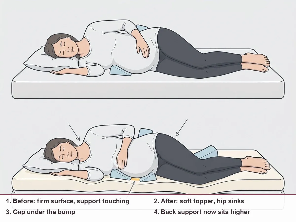 Two side-view illustrations of a side-lying pregnant woman: on a firm mattress the bump support touches the bump; on a soft topper her hip sinks and a gap opens under the bump